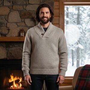 Vtg 80s Eddie Bauer Wool Shawl Collar Sweater Size Large Neutral Cabin Cottage